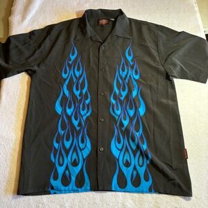 Y2K Dragonfly Roadhouse Mens Black Blue Flame Short Sleeve Button Up Shirt XL